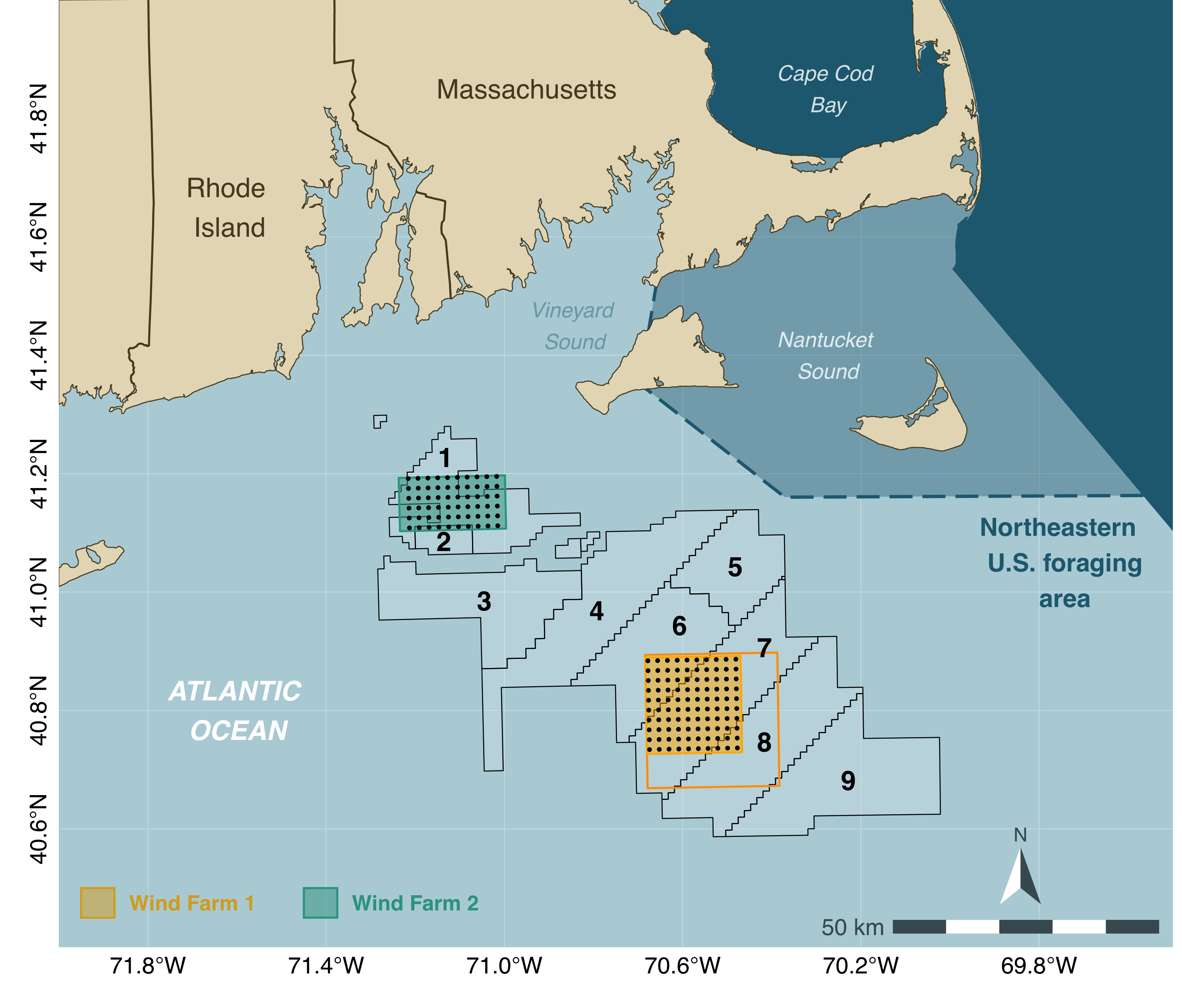 Figure 2.2. Location of the wind farms in Southern New England (SNE).